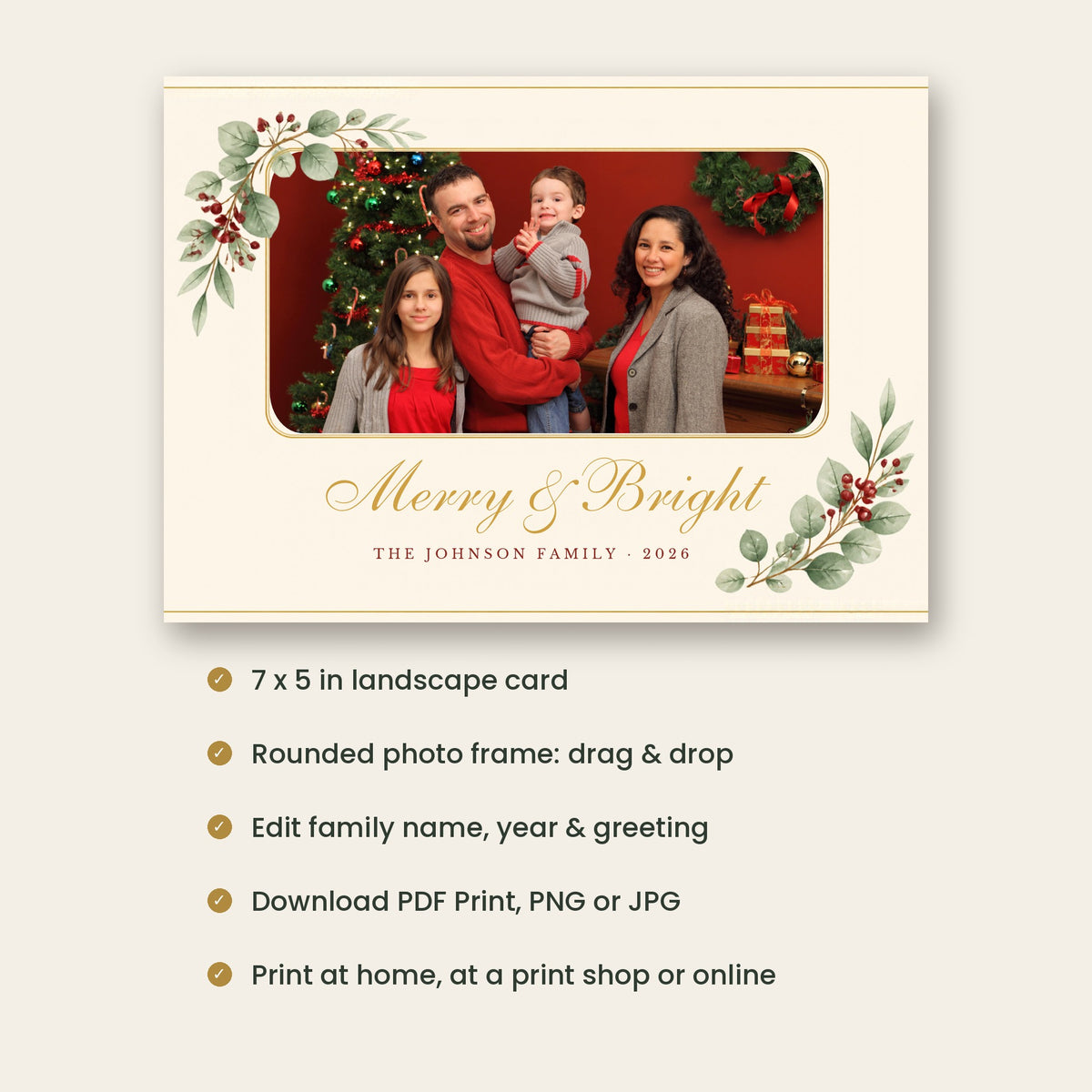 Merry & Bright Christmas Photo Card – Editable Canva Template, 7x5 Family Holiday Card