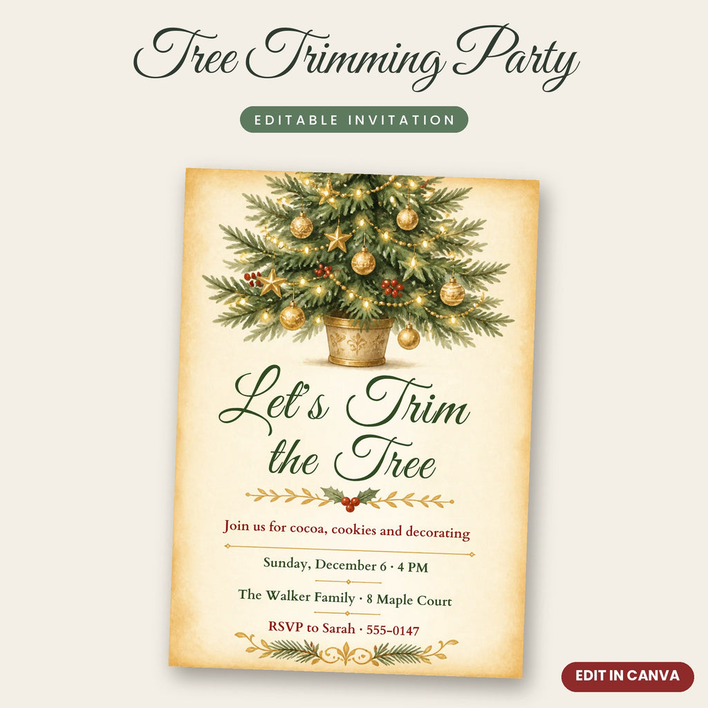 Tree Trimming Party Invitation – Watercolor Christmas Tree, Editable Canva Template 5x7