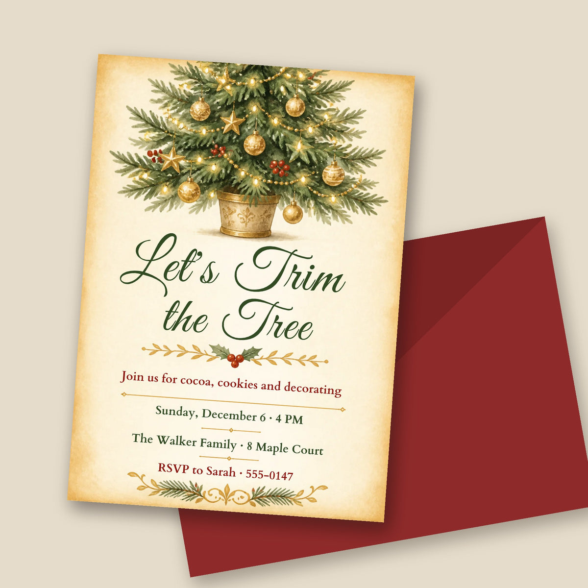 Tree Trimming Party Invitation – Watercolor Christmas Tree, Editable Canva Template 5x7