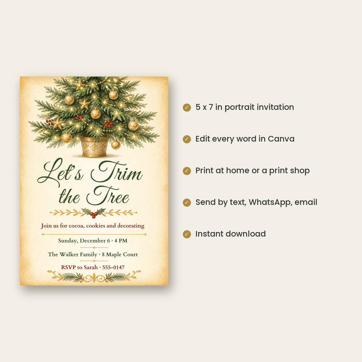 Tree Trimming Party Invitation – Watercolor Christmas Tree, Editable Canva Template 5x7