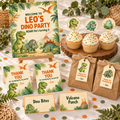 Dinosaur birthday party kit mockup – welcome sign, thank-you cards, cupcake toppers, food labels and favor tags