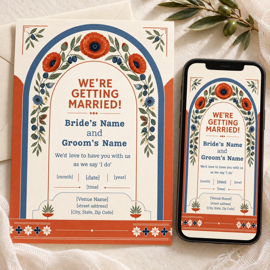 Mediterranean Poppy terracotta wedding invitation – editable Canva template, 5x7